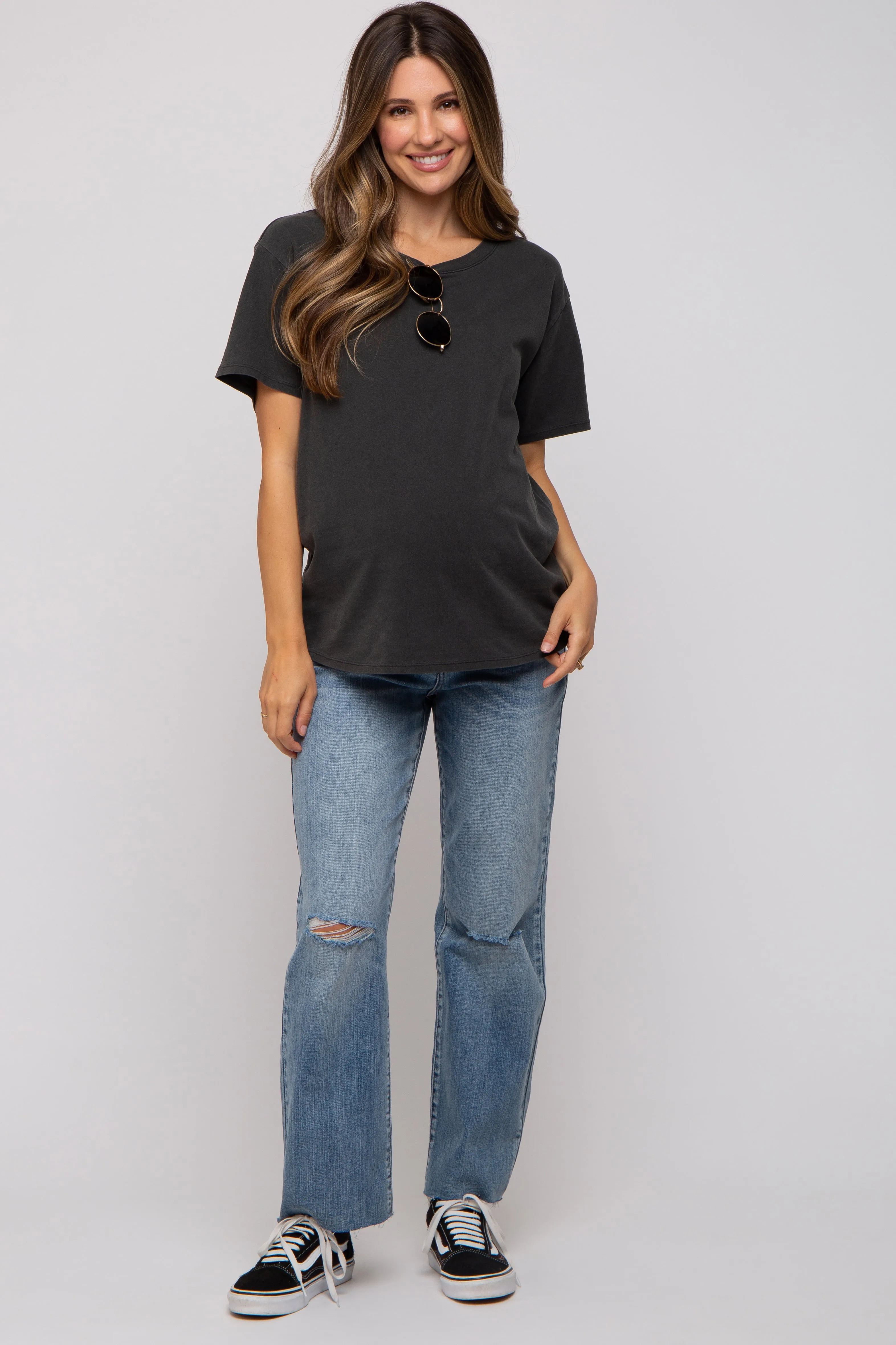 Blue Distressed Knee Straight Maternity Jeans