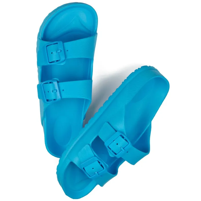 Blue flip-flops with two buckles