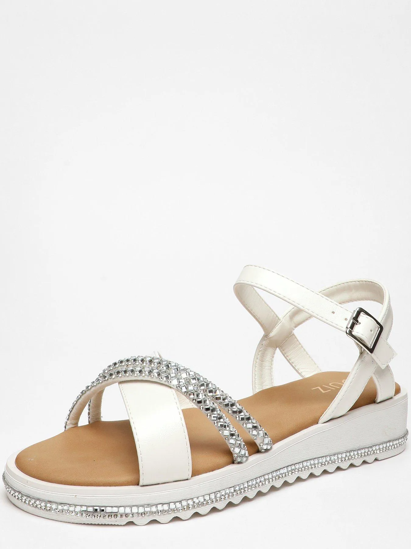Quiz White Faux Leather Diamante Cross Strap Sandals