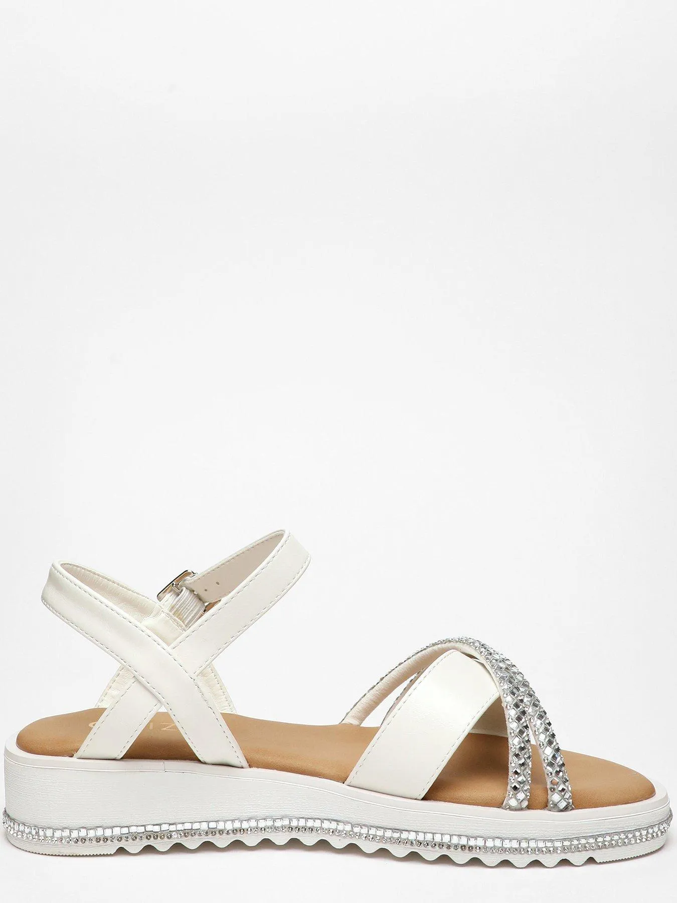 Quiz White Faux Leather Diamante Cross Strap Sandals