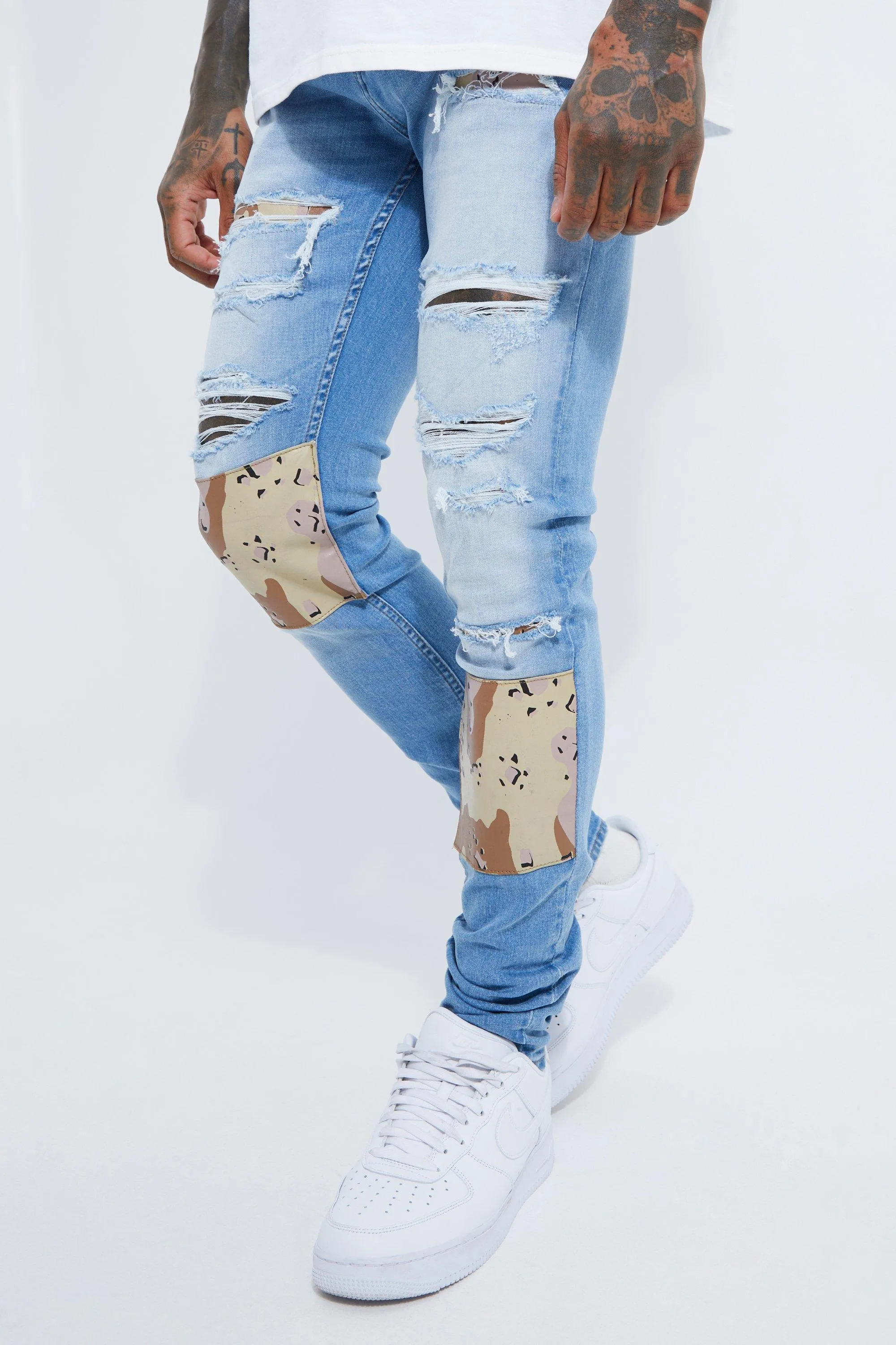 Skinny Stacked Rip & Repair Camo Jeans